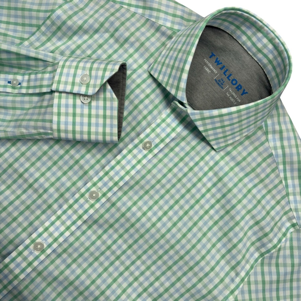 Twillory‎ Performance Dress Shirt Mens 14.5 32/33 Green White Check Tailored Fit